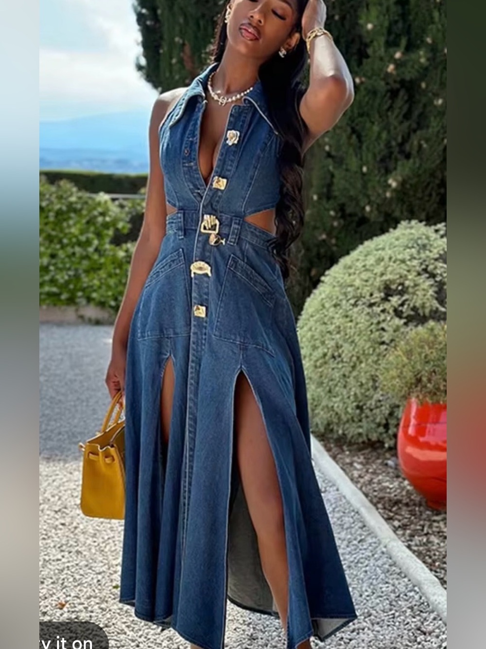 Sleeveless Dark Indigo Denim Dress with Gold Accent Buttons